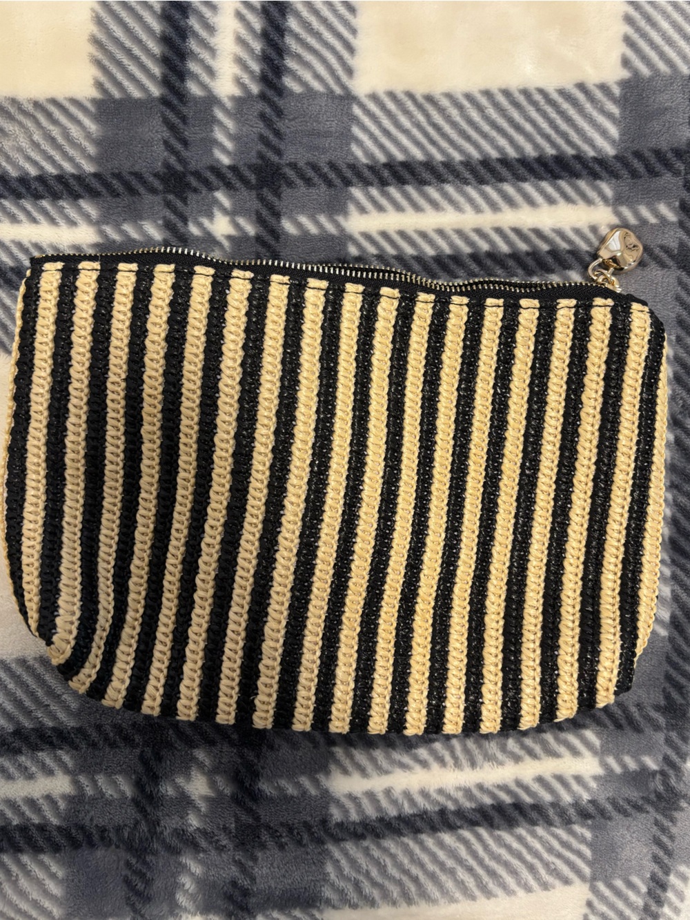 Madewell Black and Cream Striped Knit Cosmetic Pouch